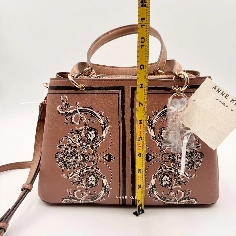 Anne Klein Tan Baroque Print Satchel Crossbody Bag Gold Hardware NWT